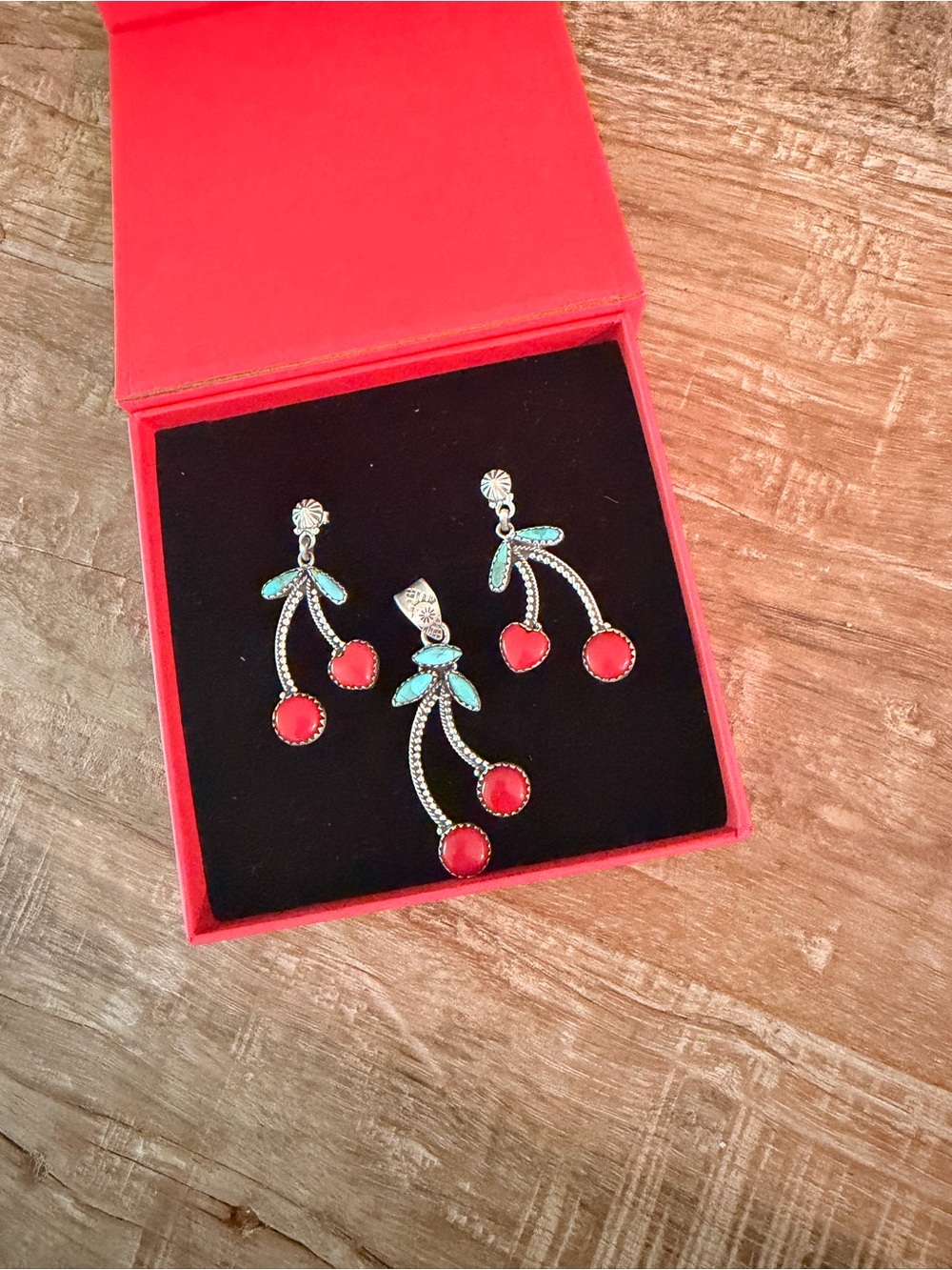Red Cherry Drop Earrings and Pendant Set 926 Sterling Silver - Women Jewelry